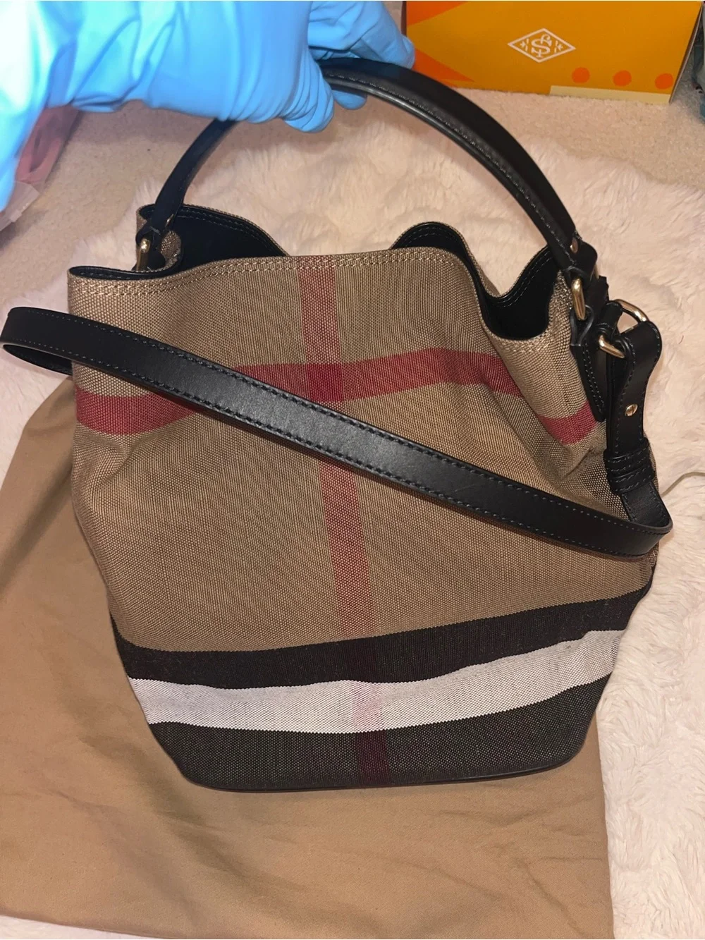 Burberry Tan & Black Canvas Hobo with Stripe Detail